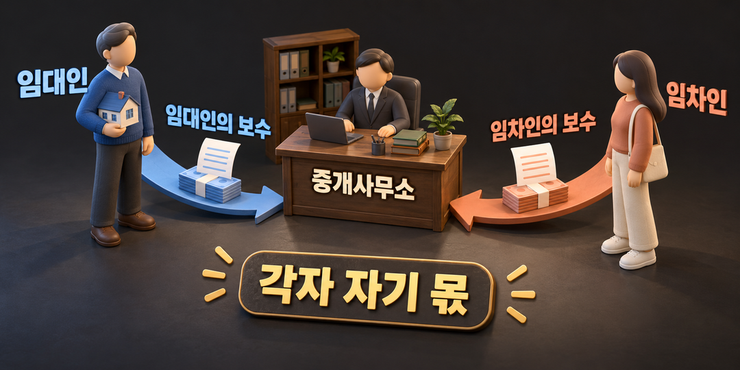 관계 그림. 임대인과 임차인에게서 중개사무소로 각각 별도의 중개보수 흐름이 이어지며, 한 사람의 상한을 반씩 나누는 관계가 아님을 보인다.