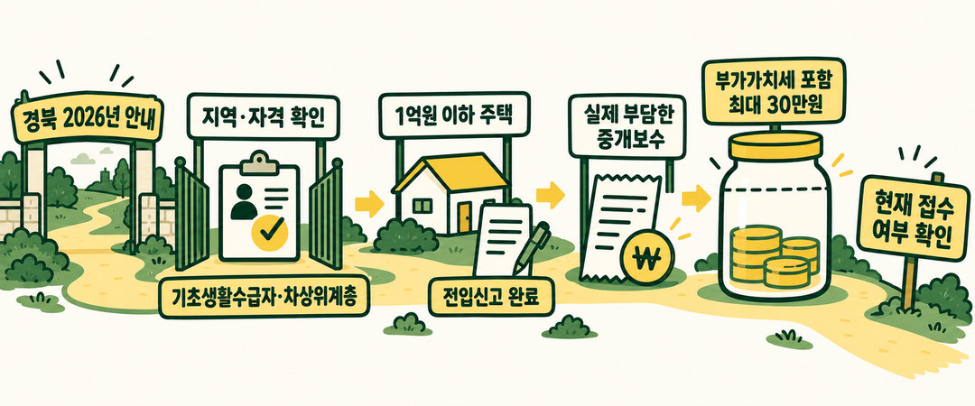 경북 2026년 지원 조건 그림. 지역과 자격, 1억원 이하 주택 계약과 전입신고를 확인한 뒤 실제 부담한 중개보수를 기준으로 부가가치세 포함 최대 30만원 지원을 살핀다. 현재 접수 여부는 별도 확인이 필요하다.