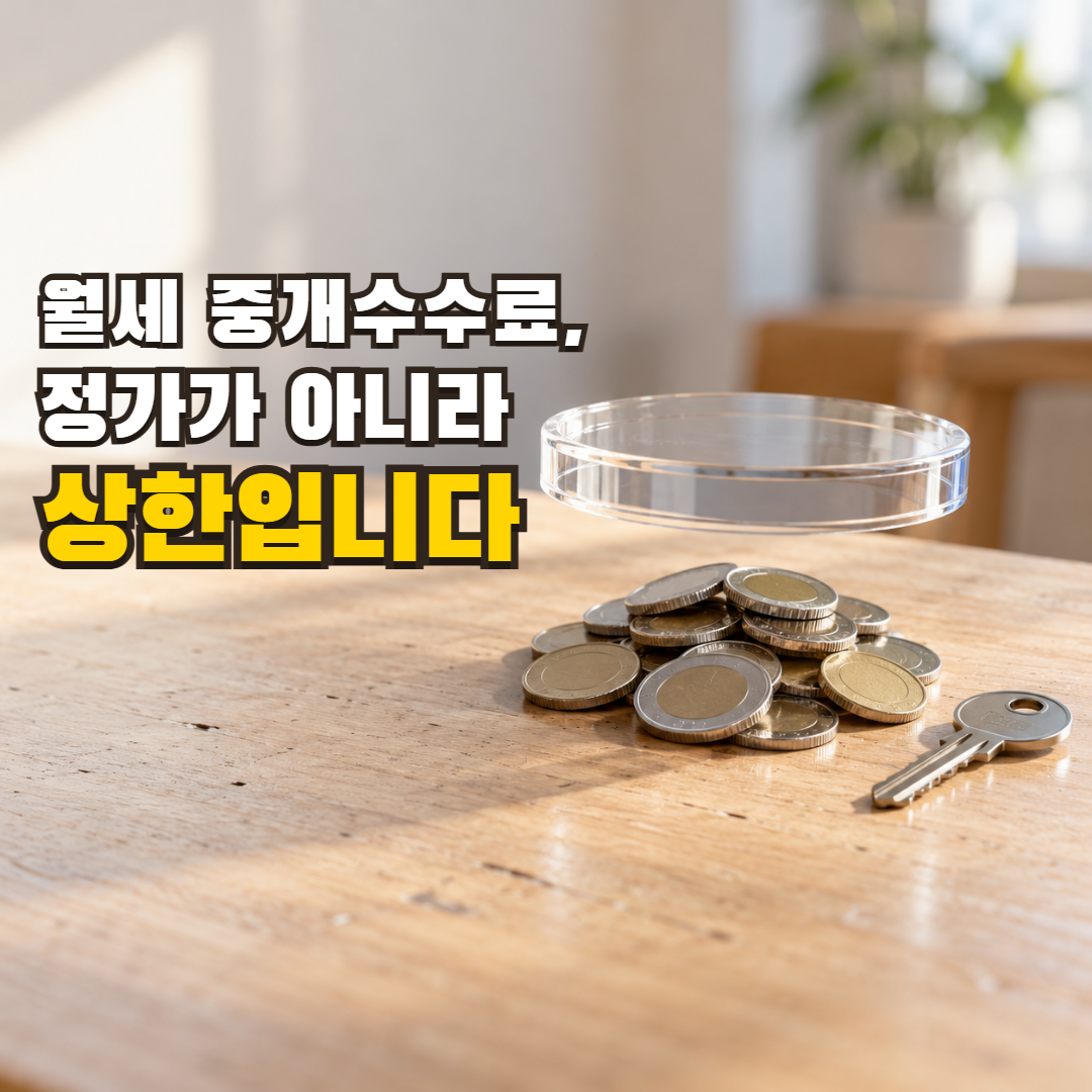 월세 중개수수료, 정가가 아니라 상한입니다 — 투명한 뚜껑 아래 여백을 남기고 놓인 원화 동전과 집 열쇠