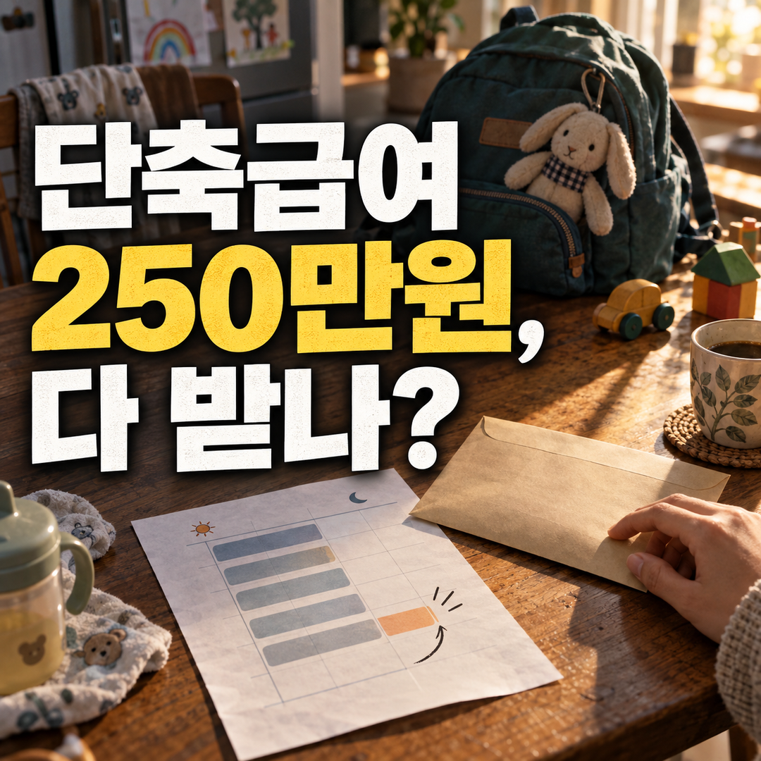 생성 장면. 아이 물건과 두 시간 일찍 끝나는 근무 일정 옆에서 급여 봉투를 바라보는 손, ‘단축급여 250만원, 다 받나?’라는 질문.