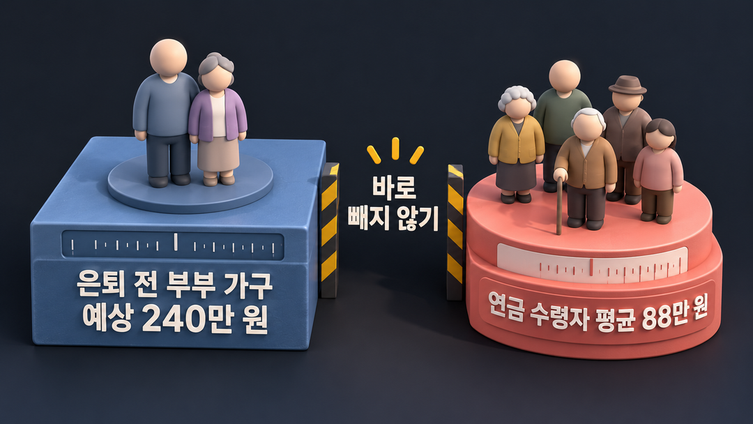 생성한 설명 그림. 부부 가구의 예상 생활비 240만 원과 연금 수령자의 평균 수령액 88만 원을 서로 다른 측정대에 놓아 직접 뺄 수 없는 기준 차이를 보여준다.