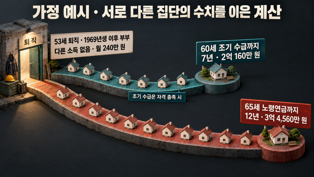 생성한 비교 그림. 서로 다른 집단의 수치를 이은 가정 예시임을 크게 밝히고, 53세에 일을 그만둔 1969년생 이후 부부가 다른 소득 없이 월 240만 원을 쓸 때 조기 수급까지 7년에는 2억 160만 원, 노령연금까지 12년에는 3억 4,560만 원이 듦을 길이가 다른 두 경로로 보여준다.