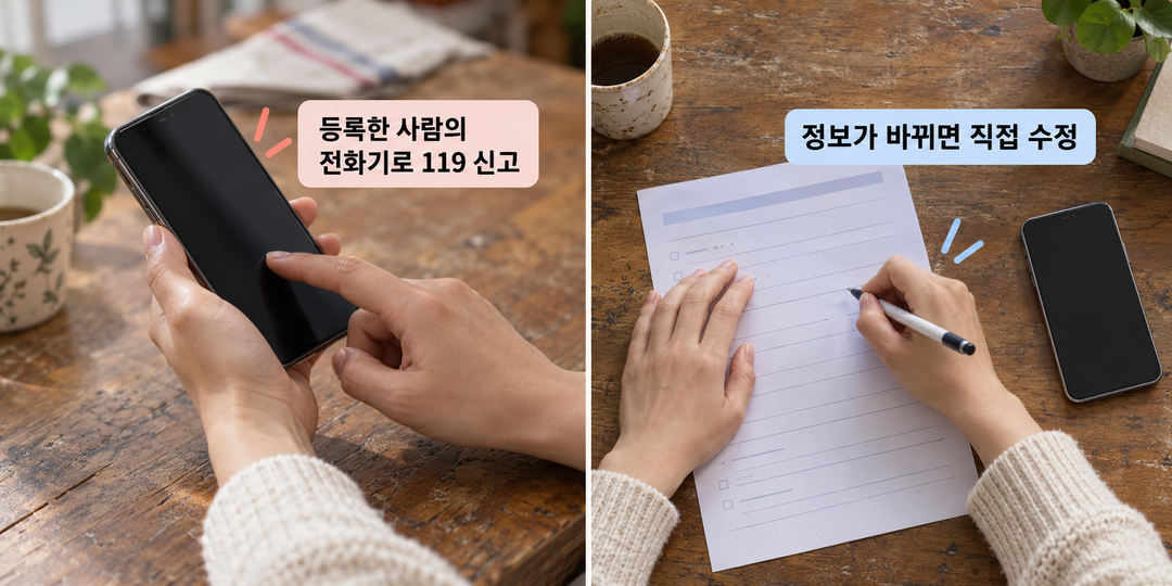 등록한 사람의 전화기로 119에 신고하는 조건과 변경된 정보를 직접 수정하는 조건을 두 장면으로 보여주는 생성 설명 그림.