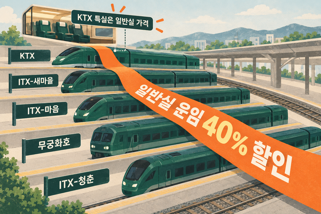 다섯 종류의 열차에 걸친 일반실 운임 40% 할인과 KTX 특실의 별도 혜택을 비교하는 생성 설명 그림.