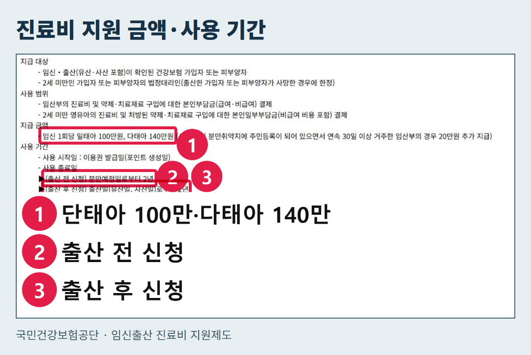 국민건강보험공단의 임신출산 진료비 지원제도 안내 화면 원본. 지원 금액과 이용 기간을 확인하는 그림.