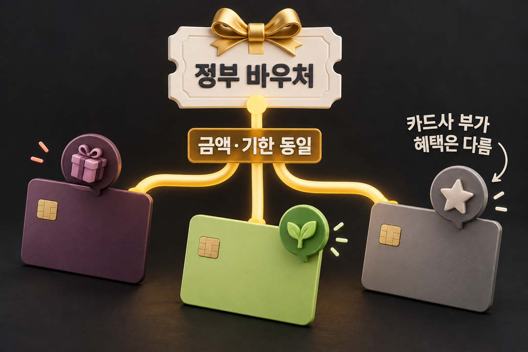서로 다른 무표식 카드가 같은 정부 바우처 금액과 기한을 공유하고, 카드사 부가 혜택만 다르게 붙는 관계를 보여 주는 생성 정보 그림.