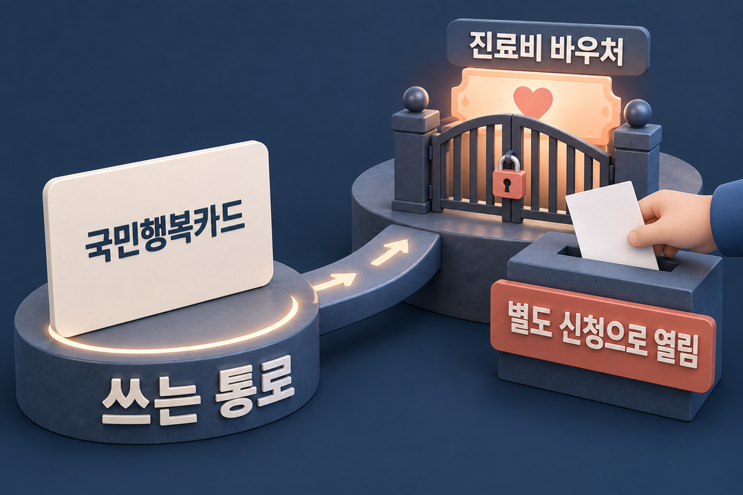 이름만 적힌 가상 카드가 사용 통로로 놓이고, 별도 신청 뒤 열리는 진료비 바우처가 다른 층에 놓인 생성 설명 그림.