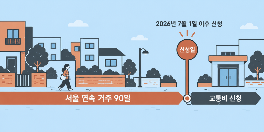 2026년 7월 1일 이후 서울시 임산부 교통비를 새로 신청할 때, 신청일 앞에 서울 연속 거주 90일이 있어야 하는 관계를 그린 생성 설명 그림.