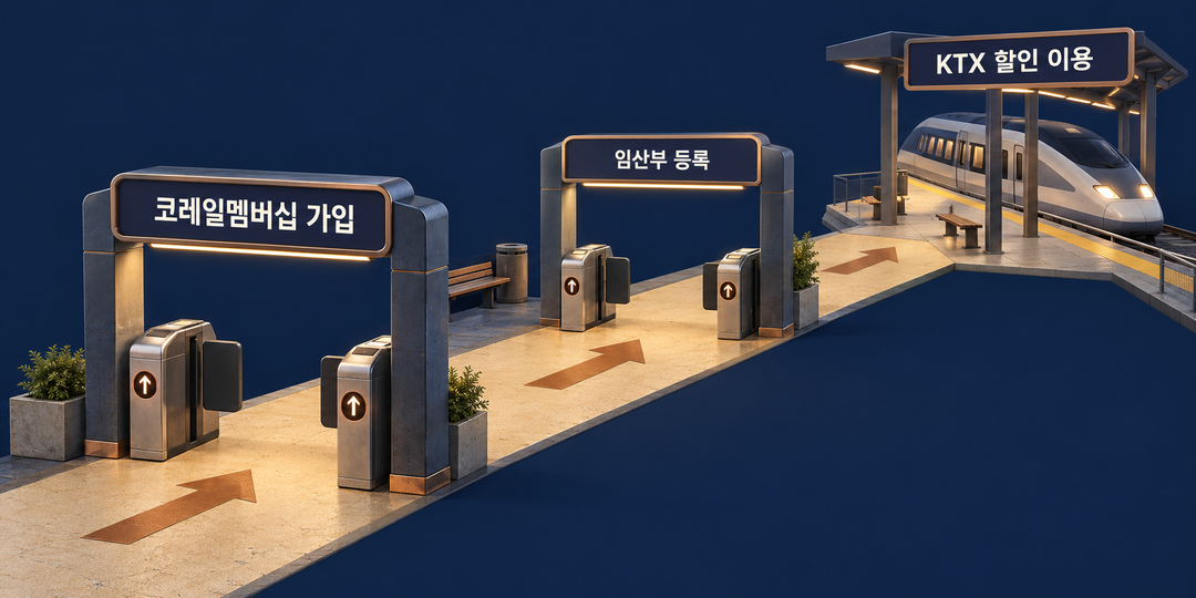 코레일멤버십 가입과 임산부 등록을 차례로 거친 뒤 KTX 할인을 이용하는 순서를 그린 생성 설명 그림. SRT 조건은 포함하지 않았다.