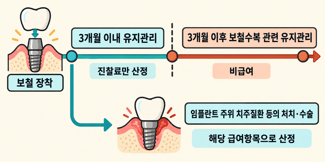 설명 그림. 보철 장착 후 3개월 이내 유지관리는 진찰료만 산정하고, 이후 보철수복 관련 유지관리는 비급여임을 시간선으로 보여 준다. 임플란트 주위 치주질환 등의 처치·수술은 해당 급여항목으로 산정되는 별도 갈래로 표시한다.