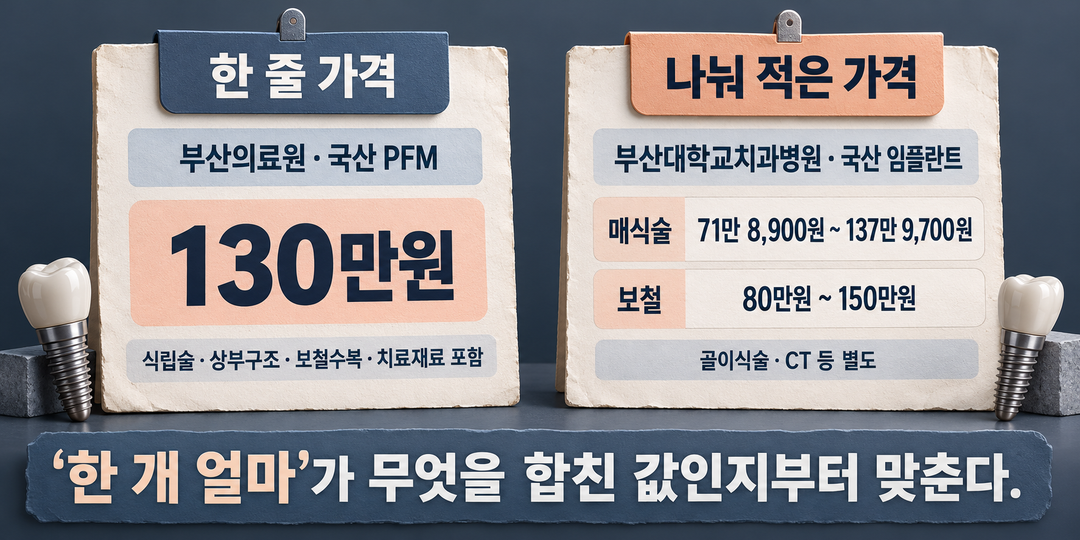 설명 그림. 부산의료원 국산 PFM 130만원은 식립술·상부구조·보철수복·치료재료를 포함한 한 줄 가격이고, 부산대학교치과병원은 매식술과 보철을 각각 금액 범위로 게시하며 골이식술·CT 등을 별도로 적는다는 차이를 보여 준다. 금액을 합산하거나 우열을 비교하지 않는다.