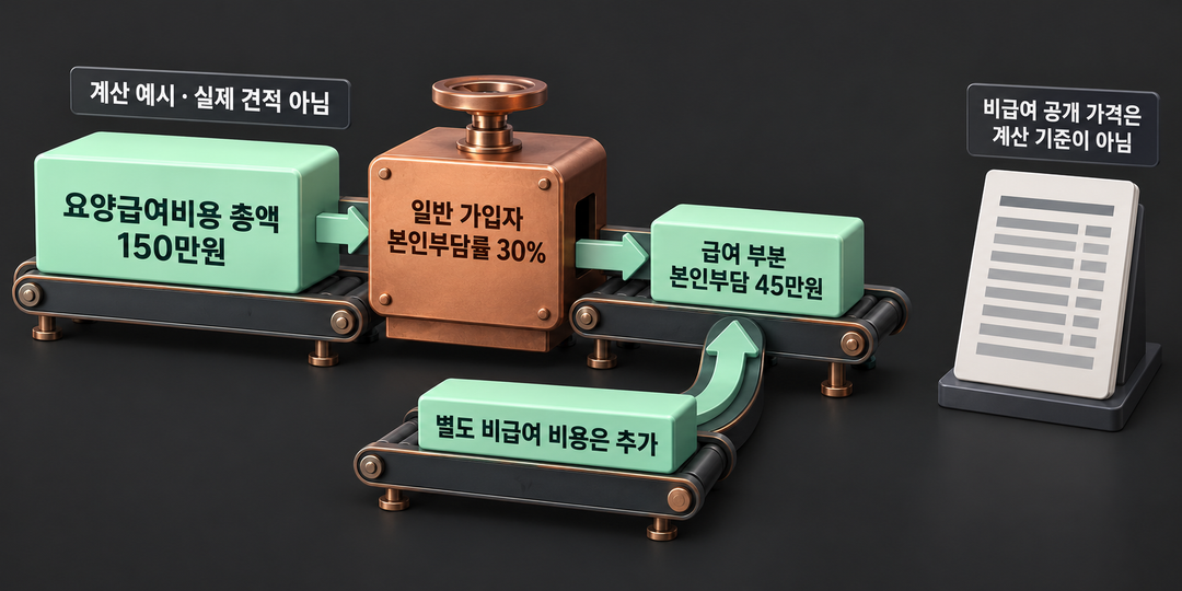 설명 그림. 가정한 요양급여비용 총액 150만원의 30%인 45만원이 일반 가입자의 급여 부분 본인부담이며, 별도 비급여 비용은 추가될 수 있음을 보여 준다. 실제 견적이 아니다.