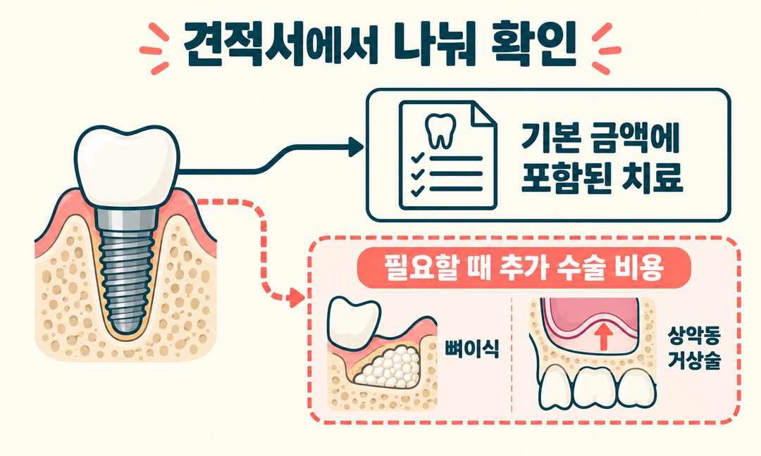 설명 그림. 임플란트 기본 금액에 포함된 치료와 필요할 때 확인할 뼈이식·상악동 거상술 비용을 갈라 보여 준다.