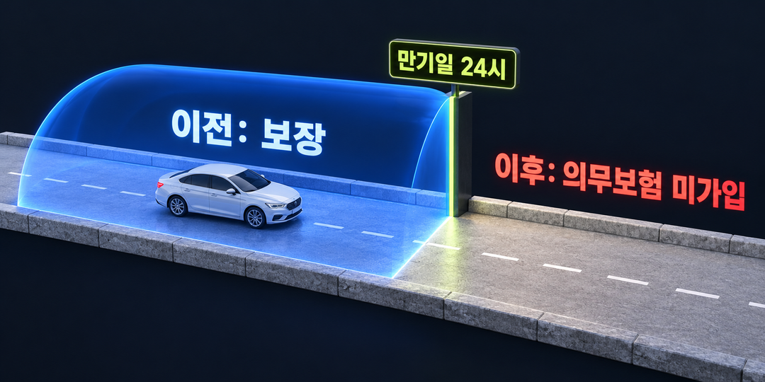 만기일 24시를 경계로 보호 영역이 끝나고 의무보험 미가입 구간이 바로 시작되는 생성 설명 그림.