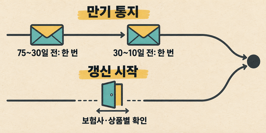 만기 통지의 두 시기와 보험사·상품별로 확인해야 하는 갱신 시작 시점을 분리한 생성 설명 그림.