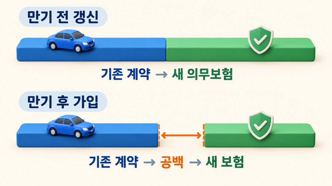 만기 전 갱신은 기존 계약 뒤에 새 의무보험이 이어지고, 만기 후 가입은 중간에 공백이 남는다는 순서를 비교한 생성 설명 그림.