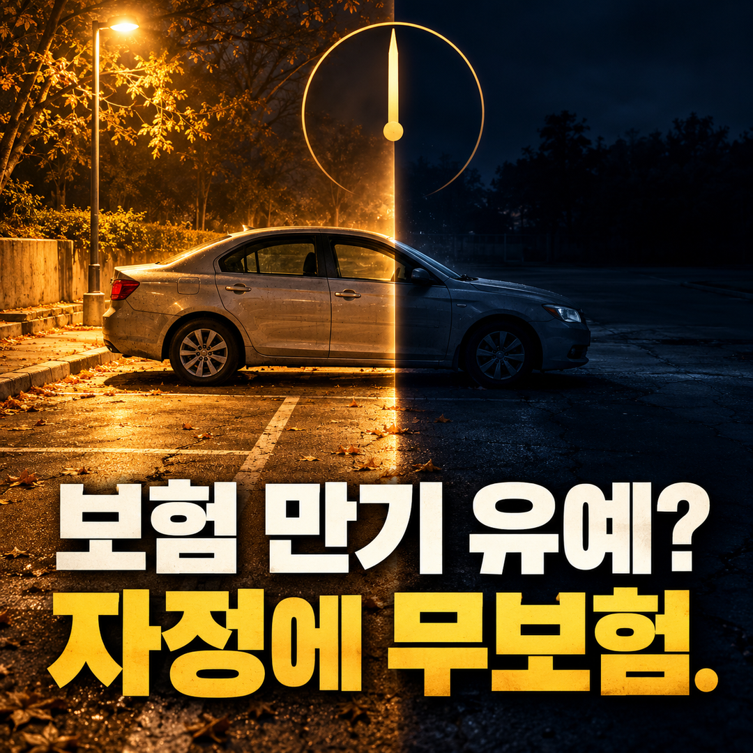 자정의 경계에서 자동차를 덮던 보호의 빛이 끊기는 생성 장면. ‘보험 만기 유예? 자정에 무보험’이라는 문구가 크게 놓여 있다.