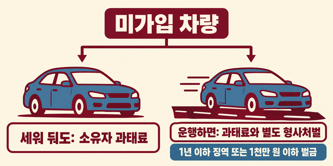 같은 미가입 차량이 주차된 경우와 운행 중인 경우를 나누어, 운행 시 별도의 형사처벌 대상이 됨을 보이는 생성 설명 그림.