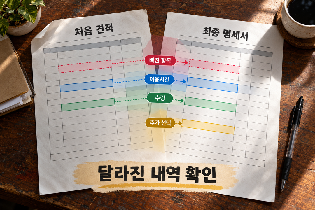 설명 그림. 사용 흔적이 있는 탁자 위에서 처음 견적과 최종 명세서를 겹쳐 비교하며 빠진 항목과 달라진 이용시간·수량·추가 선택을 찾아내는 장면이다.