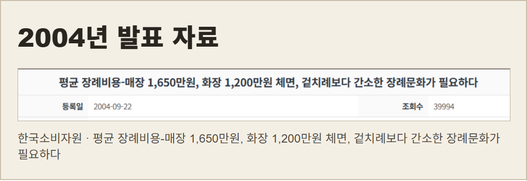 한국소비자원 장례비용 자료의 제목과 2004년 등록일이 보이는 실제 화면. 그림이 아니다.