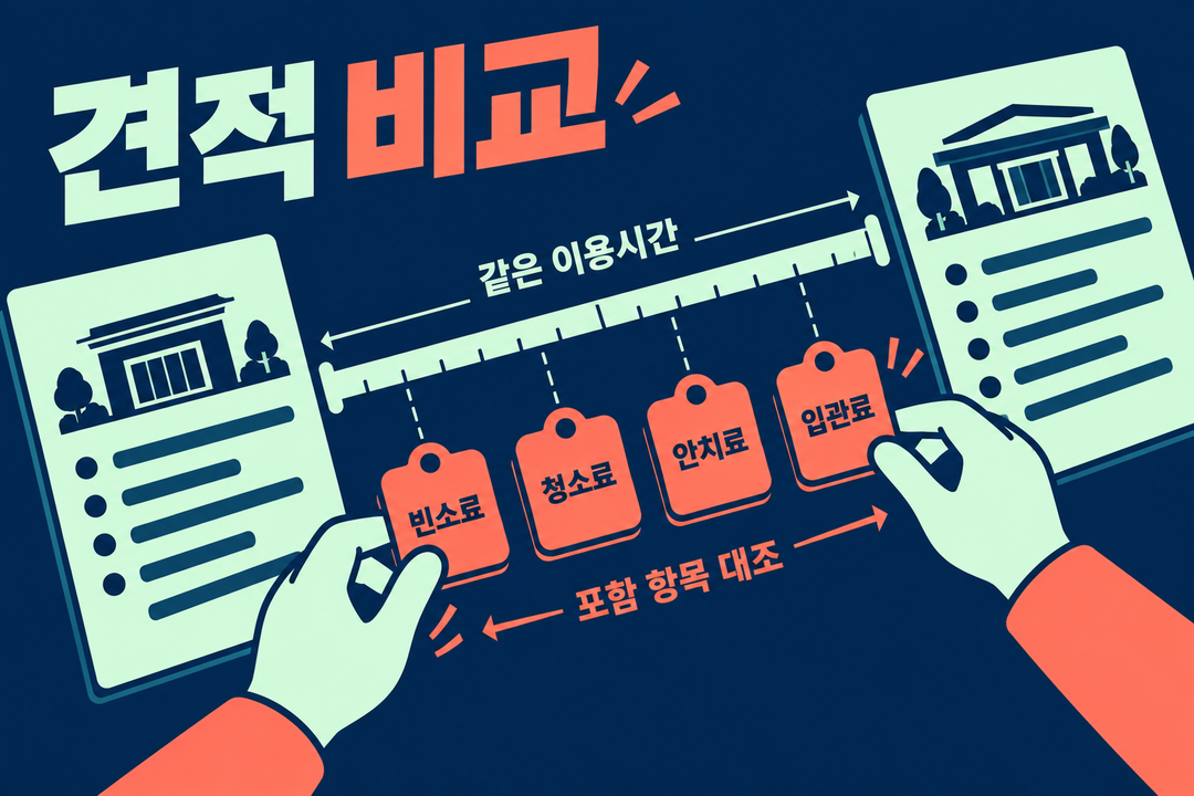 설명 그림. 서로 다른 두 시설의 견적을 같은 이용시간 기준에 맞추고 빈소료·청소료·안치료·입관료의 포함 여부를 대조하는 모습이다.