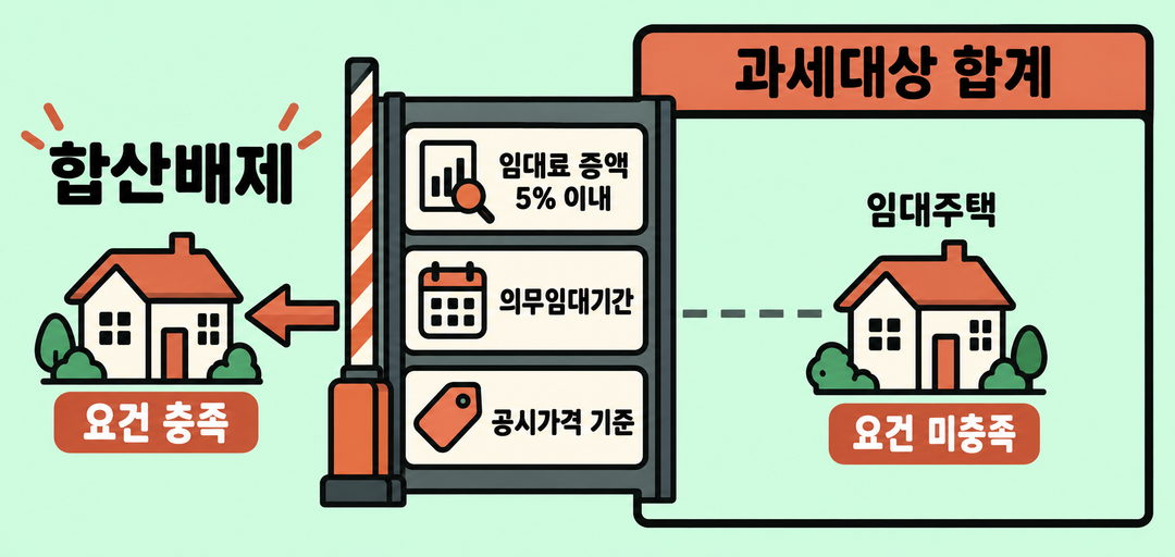 임대주택이 요건 확인을 거쳐 충족할 때만 과세대상 합계 밖으로 나가는 생성 설명 그림. 요건 미충족 주택은 합계 안에 남는다.