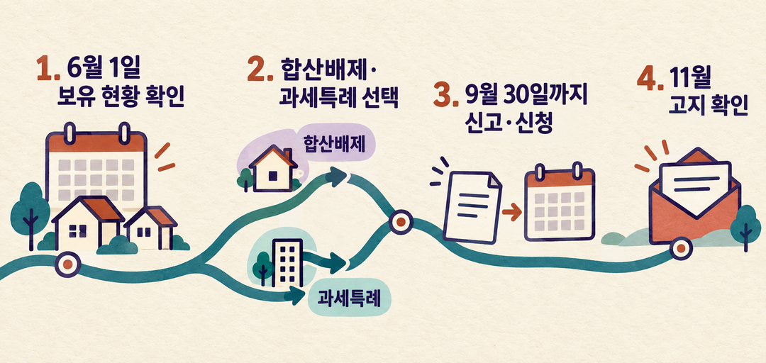 6월 1일 보유 현황 확인, 제도 선택, 9월 30일까지 신고·신청, 11월 고지 확인으로 이어지는 네 단계의 생성 경로 그림.