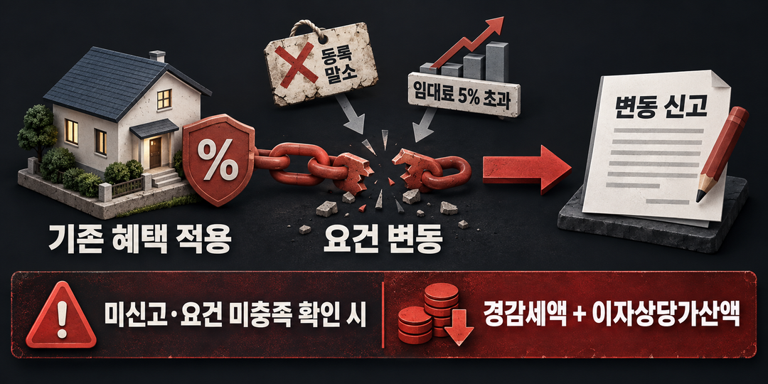 기존 혜택이 적용되던 상태에서 등록 말소나 임대료 5% 초과 같은 요건 변동이 생기면 변동 신고로 이어져야 함을 보여 주는 생성 도해. 미신고 상태에서 요건 미충족이 확인되면 경감세액과 이자상당가산액이 부과될 수 있음을 표시했다.