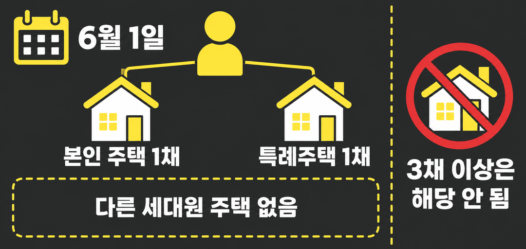 6월 1일 현재 본인 주택 한 채와 특례주택 한 채만 놓이고 다른 세대원 소유 주택은 없는 상태를 보여 주는 생성 도해. 세 채 이상은 이 특례에 해당하지 않는다고 표시했다.
