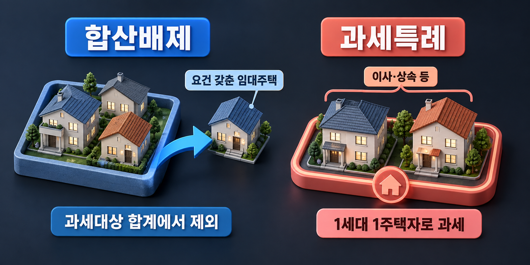 요건을 갖춘 임대주택은 합산배제 경로로, 이사·상속 등은 과세특례 경로로 갈라지는 생성 비교 그림. 두 제도의 계산상 역할을 각각 표시했다.