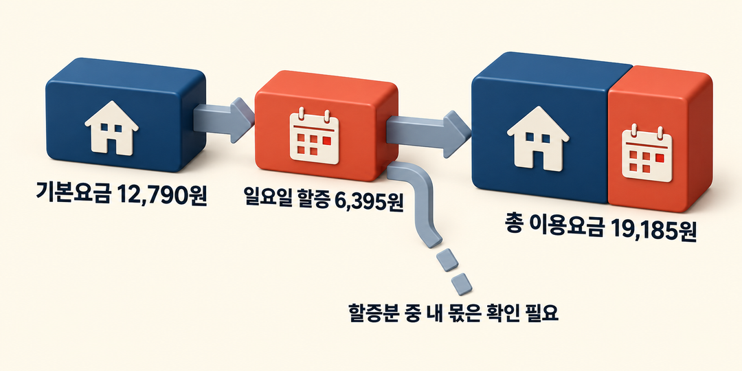 기본요금 12,790원과 일요일 할증 6,395원이 총 이용요금 19,185원으로 합쳐지지만, 할증분 중 가정이 낼 금액은 확인이 필요함을 보이는 생성 설명 그림.