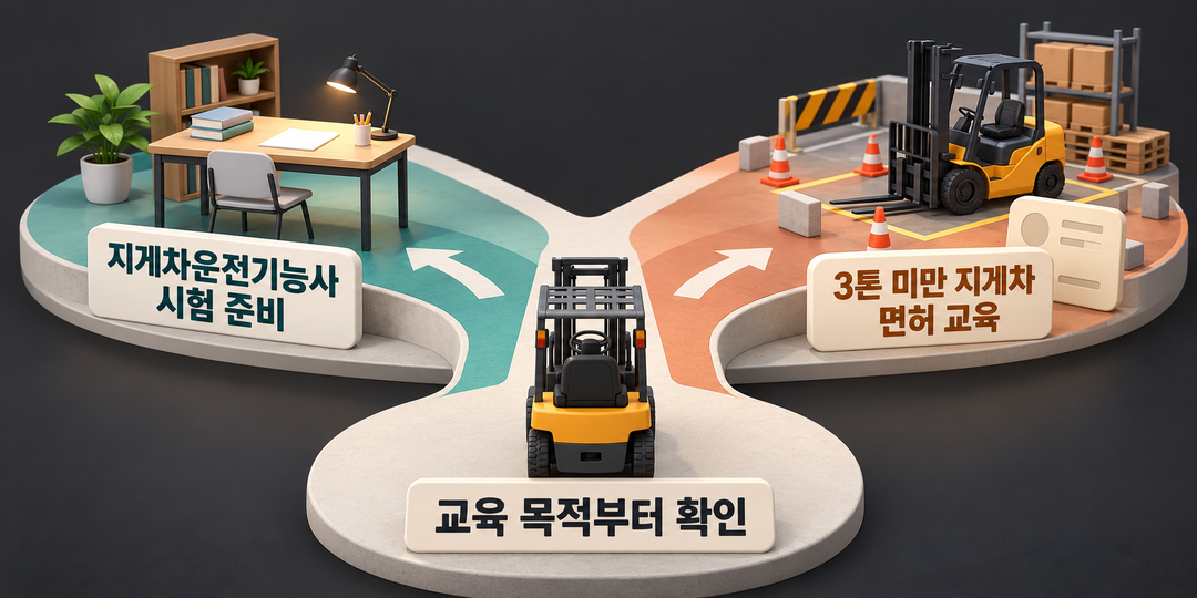 설명 그림. 지게차운전기능사 시험 준비와 3톤 미만 지게차 면허 교육이 서로 다른 목적의 경로로 갈라진다. 두 과정의 가격을 비교한 그림은 아니다.