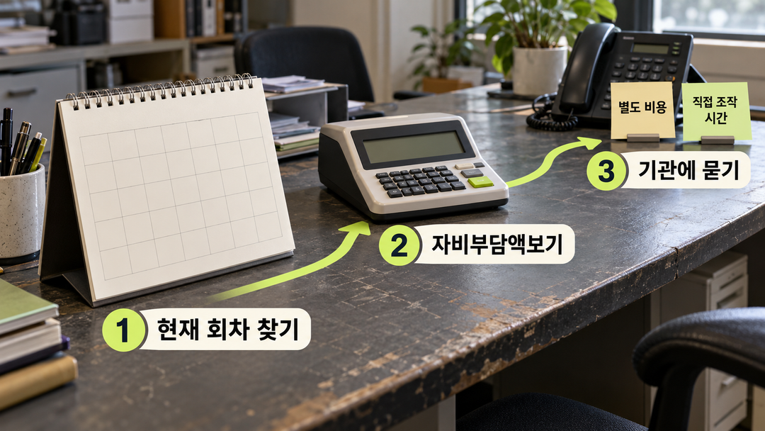 설명 그림. 목적에 맞는 현재 회차 찾기, 자비부담액보기로 본인 조건의 부담액 확인, 기관에 별도 비용과 직접 조작 시간 묻기의 세 단계를 따라가는 경로다.