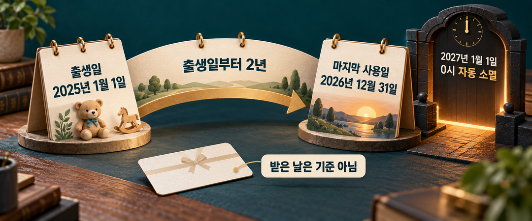 2025년 1월 1일 출생 예시에서 2026년 12월 31일까지 사용하고 다음 날 0시에 소멸하는 관계를 보여 주는 생성 그림.