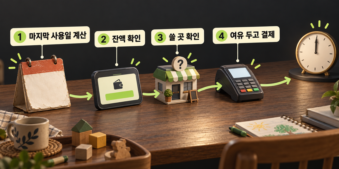 마지막 사용일 계산, 잔액 확인, 쓸 곳 확인, 여유를 둔 결제로 이어지는 순서를 보여 주는 생성 그림.