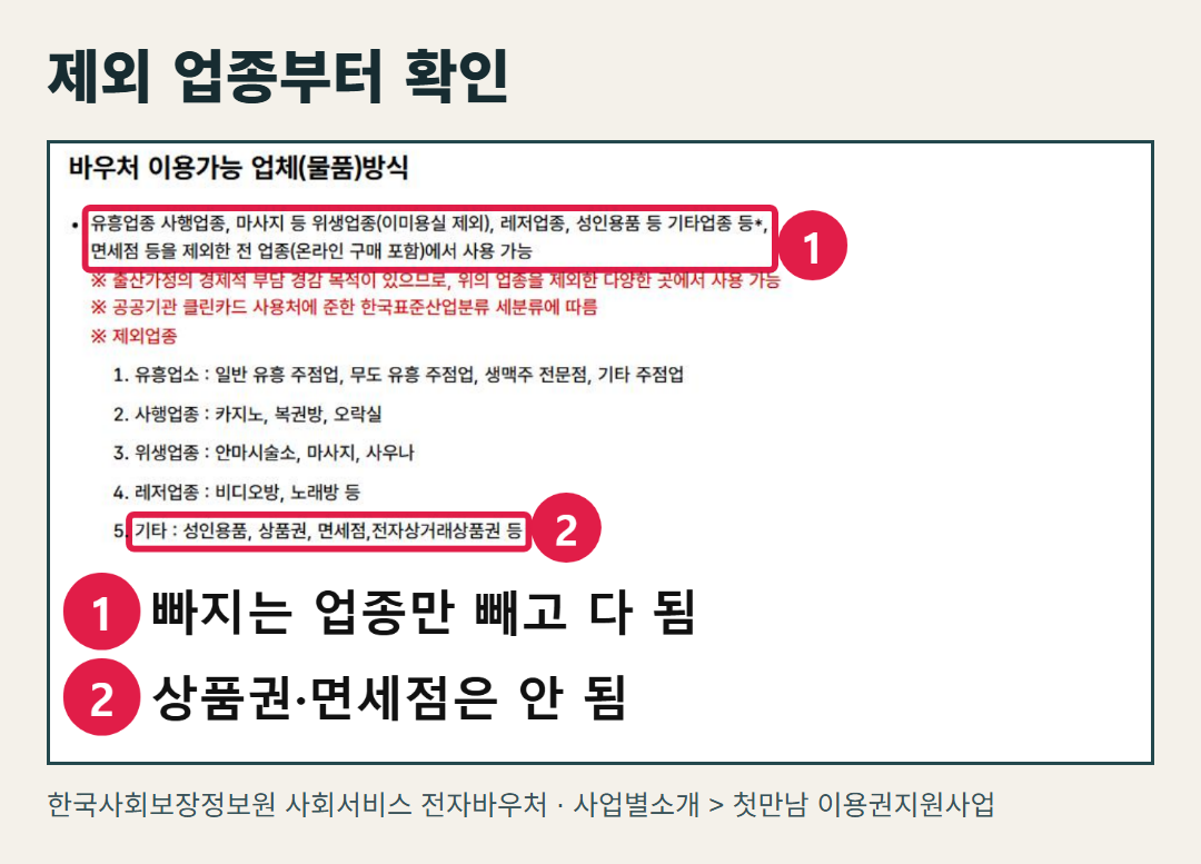 한국사회보장정보원 사회서비스 전자바우처의 첫만남이용권 안내 원본 화면. 제외 업종과 온라인 구매 포함 문구가 보이는 실제 화면이다.