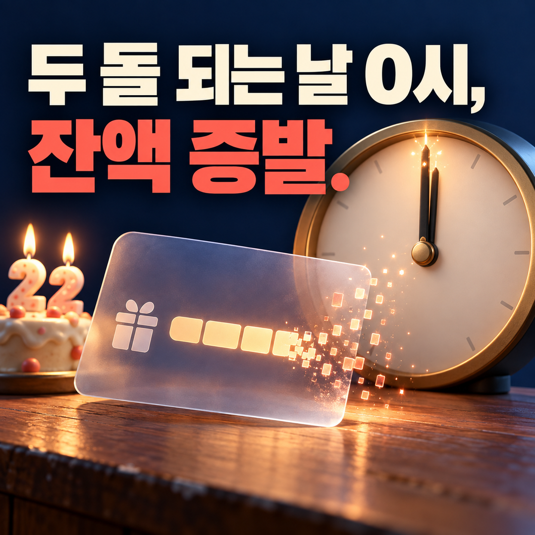 두 번째 생일의 자정 앞에서 바우처 잔액을 나타낸 빛이 사라지는 생성 장면. 사용 종료 시각에 대한 궁금증을 연다.