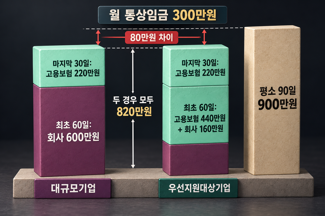 월 통상임금 300만원 사례에서 두 회사 유형 모두 90일간 820만원을 받고 평소 900만원과 80만원 차이가 나는 계산을 보여 주는 생성 그림