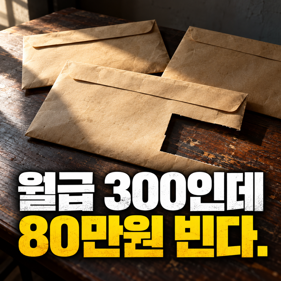 월급 봉투 세 개 중 하나에 빈 부분이 보이고 ‘월급 300인데 80만원 빈다’가 크게 놓인 생성 썸네일
