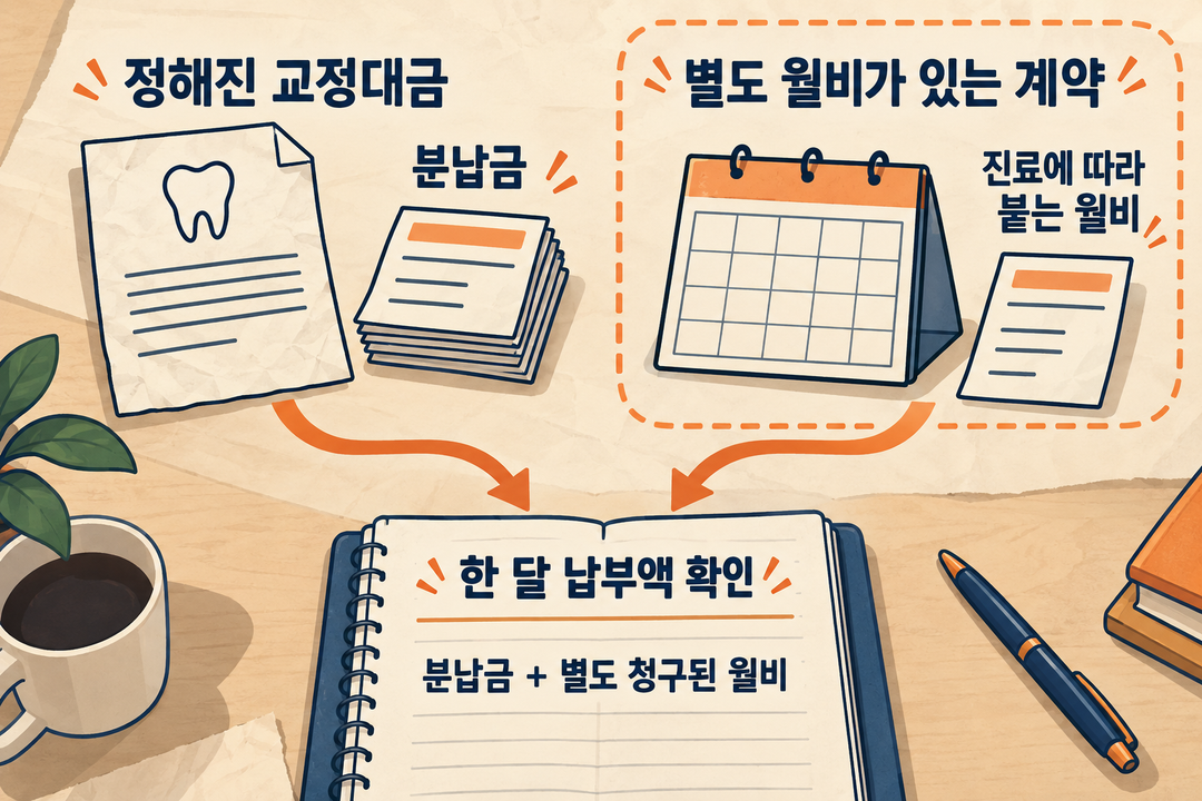 설명 그림. 정해진 교정대금에서 나오는 분납금과, 별도 월비가 있는 계약에서 진료에 따라 청구되는 월비를 두 경로로 보여 준다. 한 달 납부액을 확인할 때 두 항목을 구별하도록 돕는다.