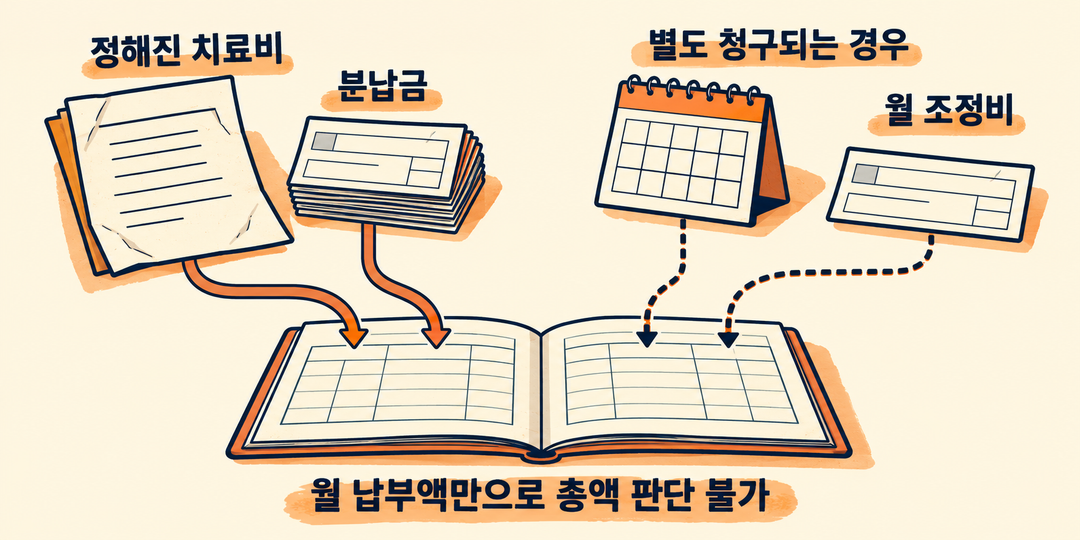 설명 그림. 정해진 치료비에서 나오는 분납금과, 별도 청구되는 계약에서 발생하는 월 조정비가 서로 다른 경로를 따라 놓여 있다.