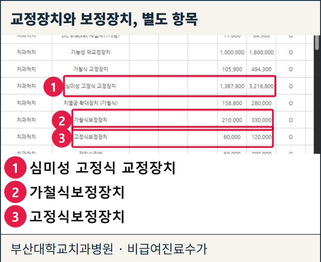 부산대학교치과병원의 실제 비급여 수가표 화면. 심미성 고정식 교정장치와 고정식·가철식 보정장치가 각각 게시되어 있다. 게시 금액을 개인 치료비의 총액으로 해석할 수는 없다.