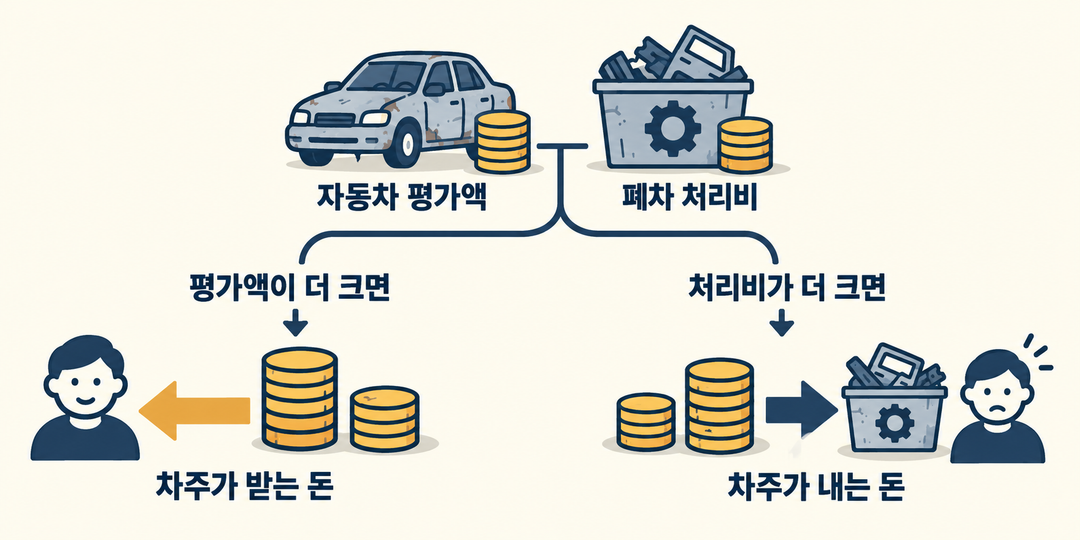 설명 그림. 자동차 평가액과 폐차 처리비를 비교해 더 큰 쪽에 따라 차주가 돈을 받거나 내는 두 방향을 보여 준다.