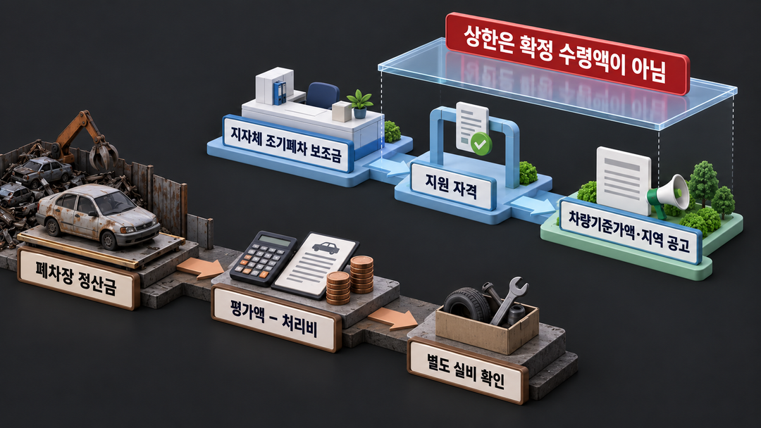 설명 그림. 폐차장 정산과 지자체 조기폐차 보조금이 서로 다른 기준과 절차를 거치는 두 경로임을 보여 주며 보조금 상한이 확정 수령액은 아니라고 밝힌다.