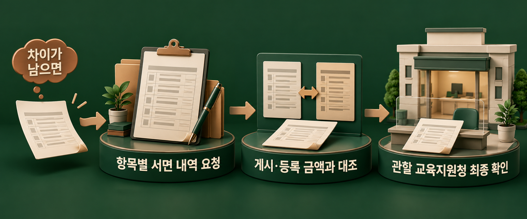 설명 그림. 금액 차이가 남을 때 항목별 서면 내역을 받고 게시·등록 금액과 대조한 뒤 관할 교육지원청에서 최종 확인하는 순서
